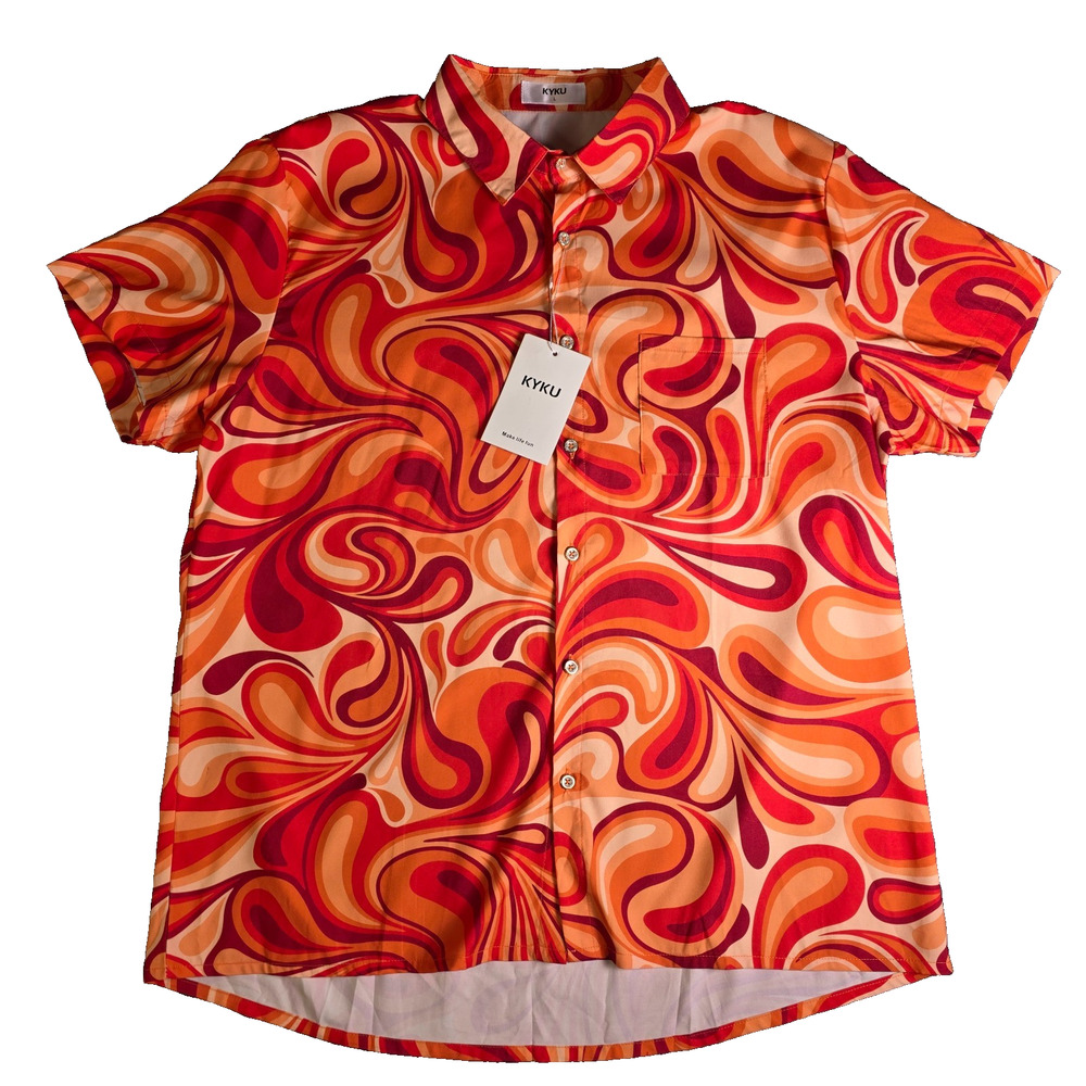KYKU Funky Hawaiian Shirt Men's Large Orange Tropical Vacation Button Up - NWT